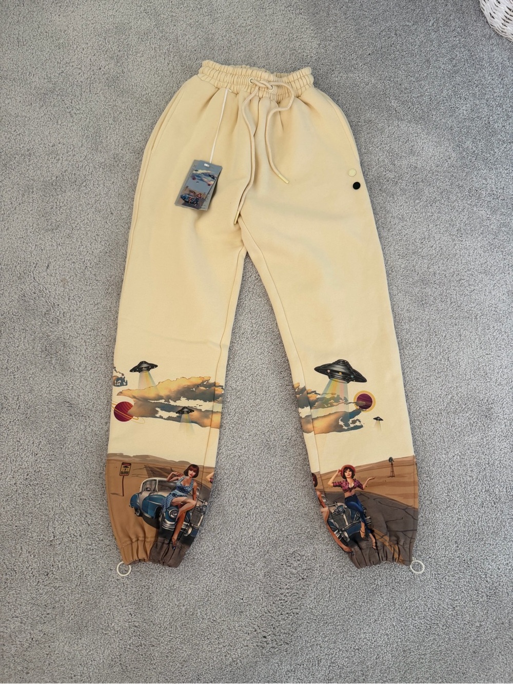 Cream Scenic Graphic Joggers with Retro Print